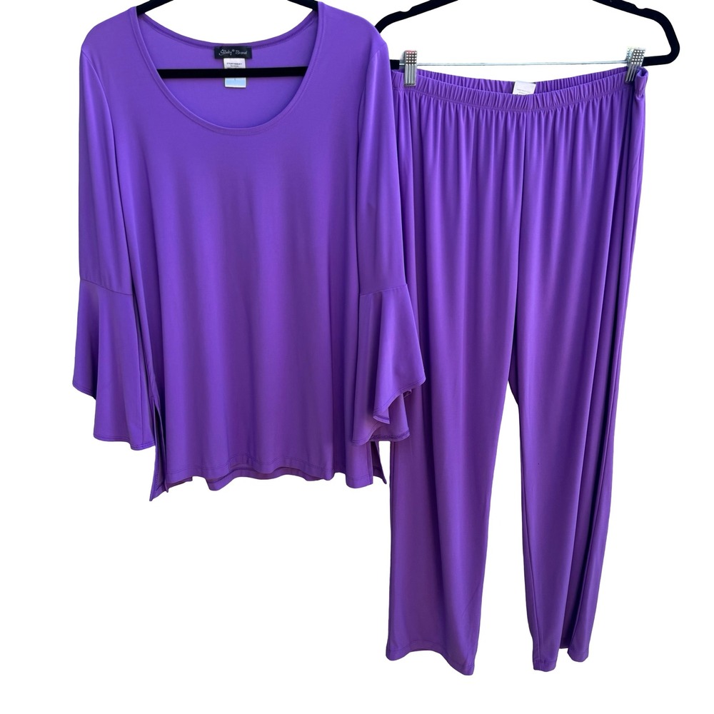 Slinky Brand Minimalist Flowy Bell Sleeve Top Straight Leg Pants Set Purple L